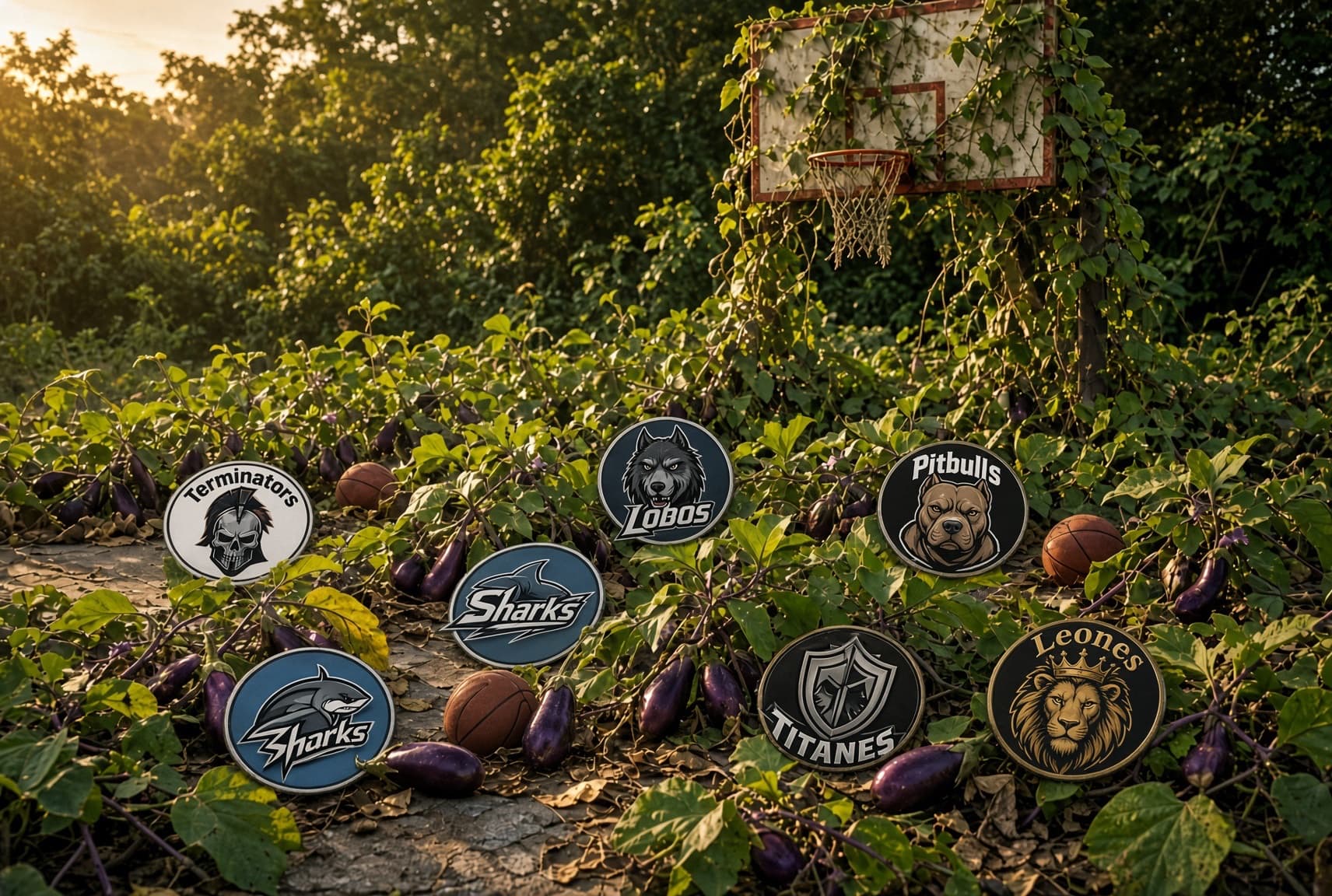 Cancha de baloncesto cubierta de berenjenas y logos de los seis equipos de la BBA